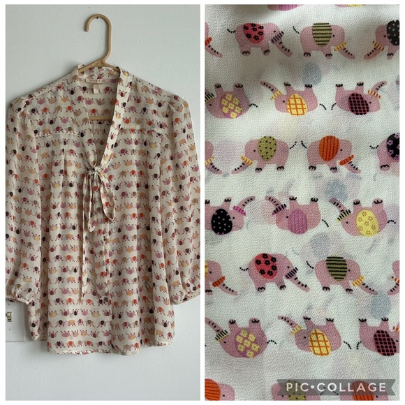 Under Skies Tops - Elephant Novelty Print Blouse Medium Sheer 3/4 Sleeve Under Skies Button Down